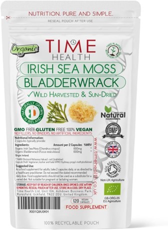 A packet of Time Health sea moss capsules