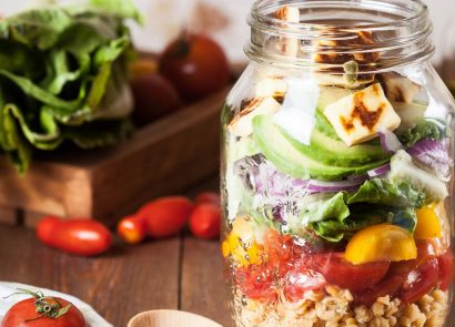 A glass jar filled with healthy foods